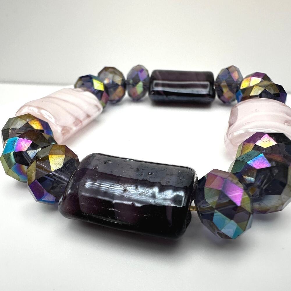 Vintage 90s Art Glass Bead Stretch Bracelet Iridescent Boho Women's Jewelry